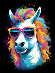 T-shirt design, white horse in rainbow glasses on a blue-black background, barbiecore style created with Generative Ai
