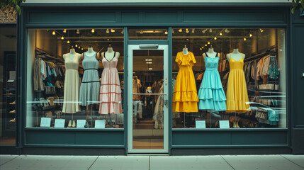 Chic boutique display with elegant dresses in storefront window - obrazy, fototapety, plakaty