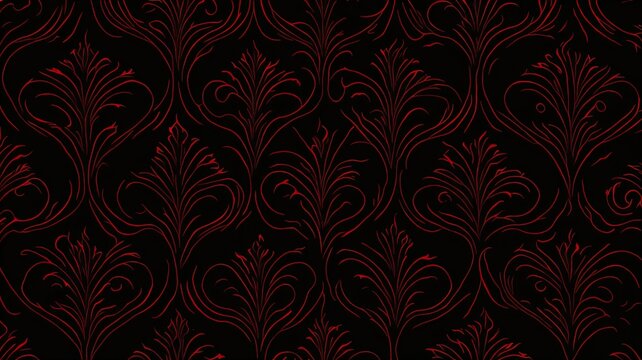 Seamless floral pattern. Black and red flowers on black background. Damask seamless red pattern for luxury wallpaper on dark background.