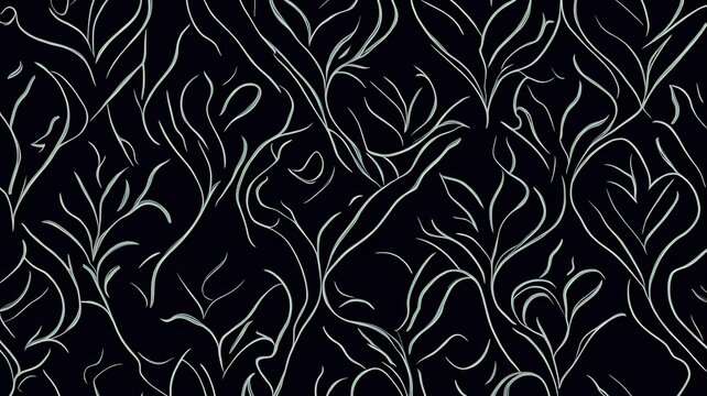 Seamless pattern with leaves on a black background. Abstract white outlined leaves seamless pattern. Botanical seamless background.