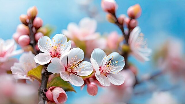Spring blossom. Beautiful blooming branch of cherry on a blue background. pink cherry blossom in spring. Sakura tree branch.