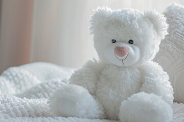 White teddy bear with a friendly smile a beloved children's toy for big girls its large size and soft features captured in high definition ready to bring joy and comfort