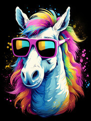 T-shirt design, white horse in rainbow glasses on a blue-black background, barbiecore style created with Generative Ai