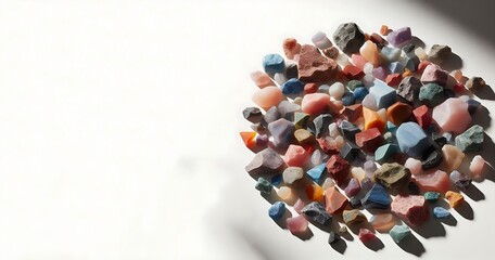 Colorful stones texture background. green, red, blue, white, black and purple quartz pebbles mix top view,AI generative