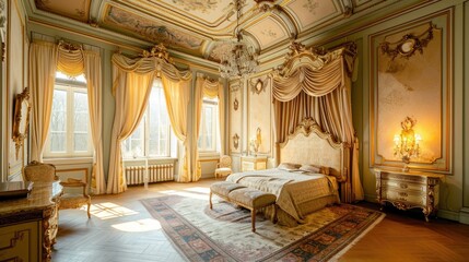 A royal bedroom with blue drapery and lavish gold decorations in a palace.