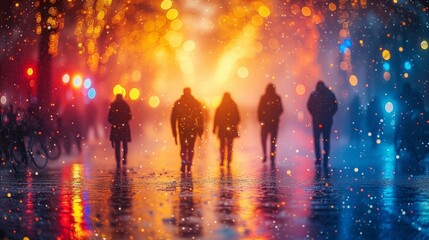 Fototapeta na wymiar Illuminated rainy city street scene with silhouettes of people at night