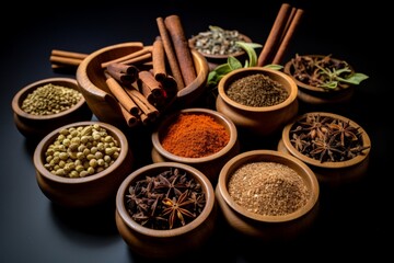 Set of spices on a black isolated background for banner. Asian spices. Seasonings for dishes