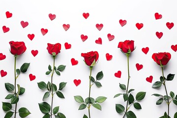 Red roses with heart pattern on white background. Perfect for Valentine's Day backgrounds and promotional materials celebrating love and affection.