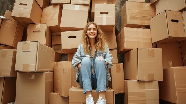 A smiling young woman sits surrounded by cardboard boxes in a storage room, moving day