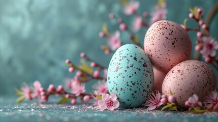 Obraz premium Easter celebration with decorated eggs and spring blossoms