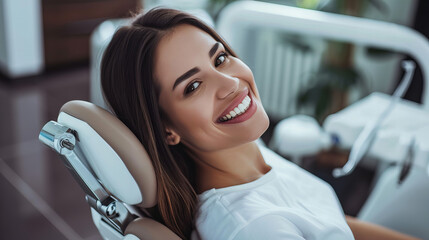 smiling brunette woman in dentist surgery having dental checkup - obrazy, fototapety, plakaty