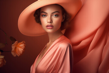Vintage Charm: Stylish Woman with Elegant Peach Hat and Gown