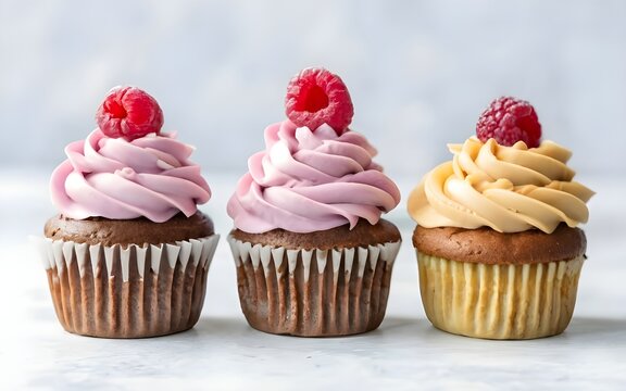 cupcakes in a row, isolated, white background, vibrant colors.
