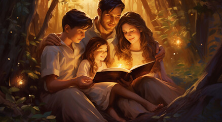 Fototapeta premium The Endearing Affection of a Young Family Reading Fairy Tales to Their Children