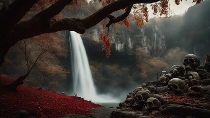 waterfall in the mountains Horror waterfall  with a landscape of dead trees and skulls, with a Ban Gioc waterfall  