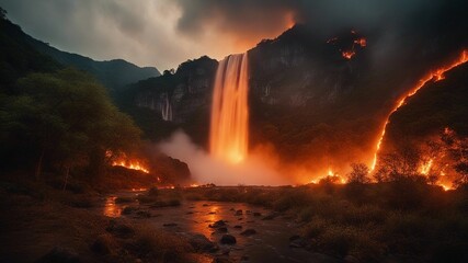 fire in the woods Horror waterfall of fire, with a landscape of burning trees and lava,  