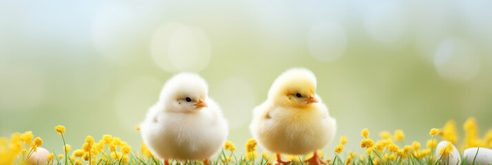 Two chicks with Easter eggs against green meadow background with copy space.	