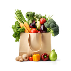 A paper bag full of healthy raw vegetable food from the market isolated on white background