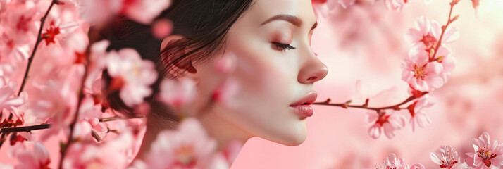 Beautiful young woman with spring flower tree branches. Spring, International Women's Day concept. 