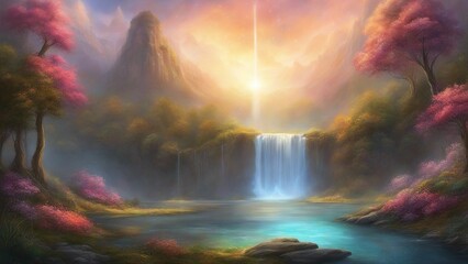 landscape Fantasy  waterfall of light, with a landscape of glowing trees and flowers,  