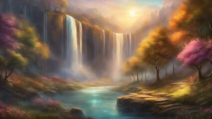 Fototapeta na wymiar waterfall in the forest Fantasy waterfall of light, with a landscape of glowing trees and flowers, 