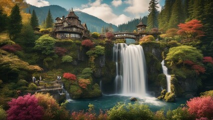 Fototapeta na wymiar waterfall in autumn Steam punk waterfall of art, with a landscape of paintbrushes and canvases, 