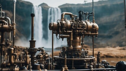 pump Steam punk waterfall of oil, with a landscape of pipes and valves, with a Dry Nur waterfall  