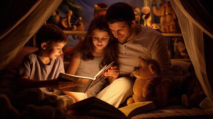 Fototapeta na wymiar The Endearing Affection of a Young Family Reading Fairy Tales to Their Children