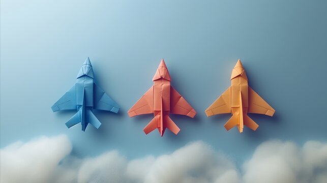 Colorful paper rockets soaring above clouds - creativity and innovation concept