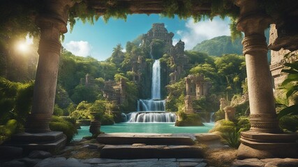 fountain in the garden Fantasy waterfall of wisdom, with a landscape of ancient ruins and scrolls, with waterfall 
