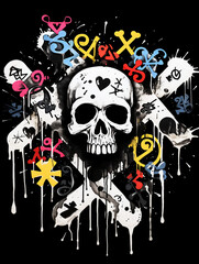 T-shirt design, black and white painting showing skulls and crossbones against a white background created with Generative Ai