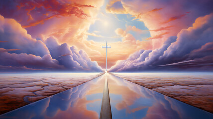 The road to the Kingdom of Heaven which leads to salvation and paradise with God, stock illustration image - obrazy, fototapety, plakaty