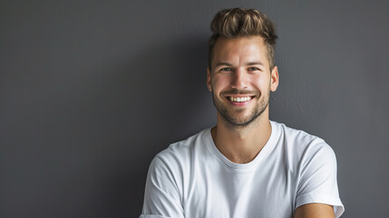 Obraz premium portrait of a smiling, handsome man in white T-shirt, isolated on grey background