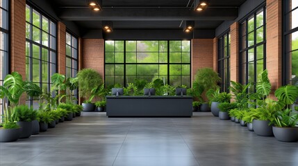 Modern office lobby with lush green indoor plants and large windows