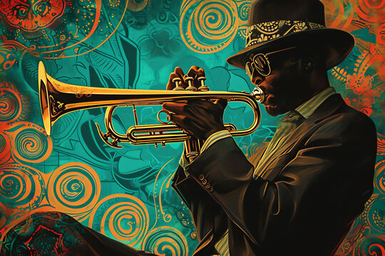 Afro-American male trumpeter musician playing a brass trumpet in an abstract vintage distressed style music painting for a poster or flyer, stock illustration image