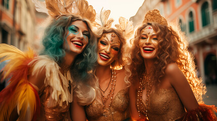 Tres amigas jovenes disfrazadas celebrando carnavalfiesta, gente, grupo, mujer, amiga, discoteca, diversión, club, chica, noche, baile, moda, sonriente, celebraciones, sonrisa, tres, vida nocturna, cu - obrazy, fototapety, plakaty
