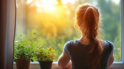 Contemplative woman enjoying the warmth of sunrise indoors
