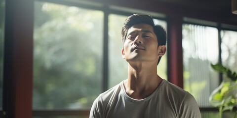 Asian man inhales deeply during meditation