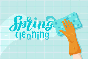 Flat hand cleans smooth surface with sponge on blue background. Vector cartoon illustration with Spring Cleaning lettering for poster or banner. Orange glove cleans tiled wall and clean area sparkles
