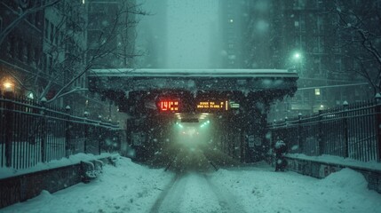Snowbound Commute, Long Shot of a Snow-Covered Subway Entrance, Blowing Snowflakes Obscuring the City Lights, Evoking the Struggle of Daily Life in Frigid Urban Conditions