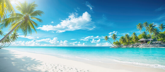 Panoramic view of an idyllic tropical beach with crystal clear turquoise waters, white sandy shore, and lush palm trees under a bright blue sky.