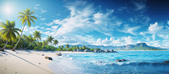 Panoramic view of tropical beach with soft white sands, swaying palm trees, clear blue waters, and a backdrop of mountains under a sunny sky.