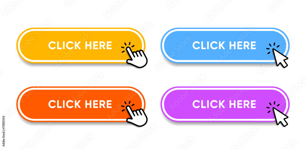 Fototapete Click here web buttons with hand cursor. Set of action button with arrow pointer. Click button. Modern action button mouse click symbol. Computer mouse click cursor or Hand pointer symbol.