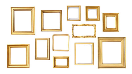 An assortment of eight golden picture frames of different sizes and patterns on a white background, showcasing intricate designs.