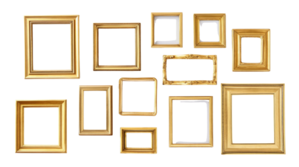 An assortment of eight golden picture frames of different sizes and patterns on a white background, showcasing intricate designs.