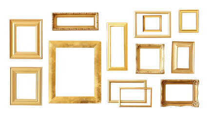 An assortment of eight golden picture frames of different sizes and patterns on a white background, showcasing intricate designs.