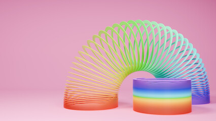 Slinky toys on pink background. Rainbow spring. 3D rendering.