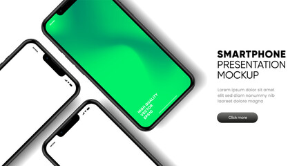 Obraz premium Realistic smartphone mockup. Mobile phone vector with isolated on white background. Device front view. 3D mobile phone with shadow. Realistic, high quality smart phone mockup for ui ux presentation.