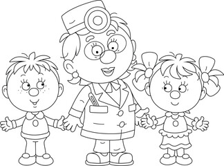 Doctor and happy little boy and girl talking about healthy lifestyle at home and at school, black and white vector cartoon illustration for a coloring book