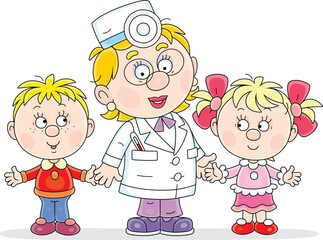 Doctor and happy little boy and girl talking about healthy lifestyle at home and at school, vector cartoon illustration isolated on a white background